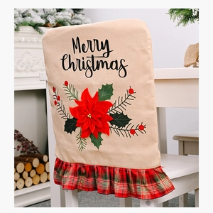 Linen Christmas chair cover with Merry Christmas text and festive floral details