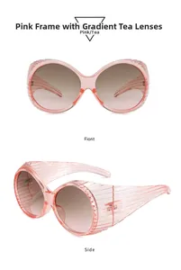 Detailed view of translucent pink oversized sunglasses with unique vertical striped temples