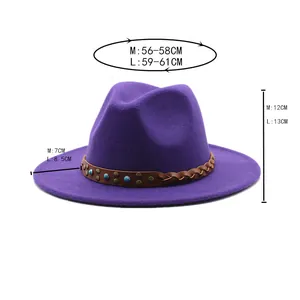 Size chart for purple felt fedora hat showing head circumference, height and brim width