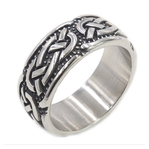 Vintage stainless steel Celtic knot ring for men with antique silver finish details