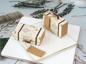 Mini vintage suitcase wedding favor box with cream stripes and rustic kraft tags