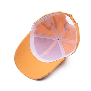 Inside view of orange cotton kids baseball cap showing sweatband and metal buckle