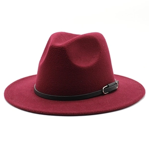Detailed view of dark red wool fedora hat with black leather band and gold buckle accent
