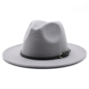 Detail view of grey wool fedora hat with flat brim and black leather buckle band