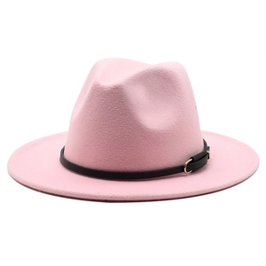 Classic pink wool felt fedora hat with wide brim and black leather belt for men and women