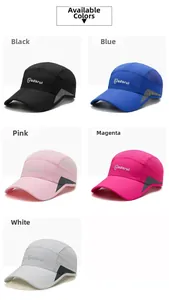 Detail view of quick-dry baseball caps in five colors with breathable mesh and reflective strips