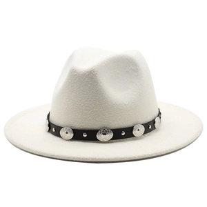 Classic white wool felt fedora with black leather belt and silver metal stud accents