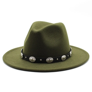 Detail of dark olive wool felt fedora with black leather belt and silver metal studs