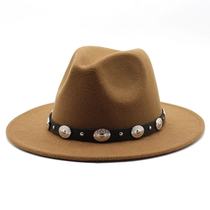 Classic brown wool felt fedora hat featuring a vintage metal buckle leather belt decoration