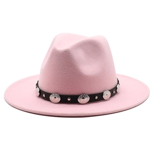 Detail of pink fedora felt hat featuring a black leather belt with silver metal studs