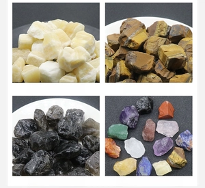 Detailed grid of raw yellow jade, tiger eye, and brown quartz stones in white bowls