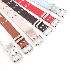 Punk style studded leather belts in multiple colors with silver double-prong metal buckles