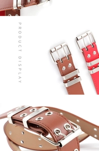 Detail of double prong metal buckle and silver eyelet grommets on leather belts