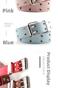 Detail view of colorful punk belts with double grommet design and metallic buckles