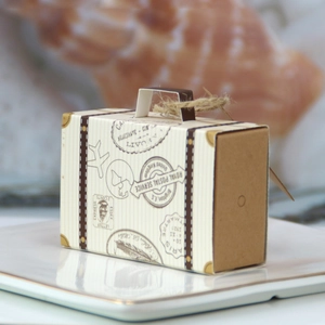 Close-up of vintage suitcase gift box with travel stamps and twine handle details