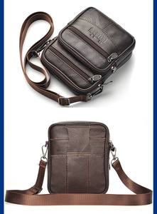 Detail view of dark brown leather waist bag with multi-zipper pockets and belt loop