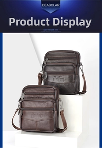 Detailed view of dark brown textured leather multi-pocket crossbody waist bag for men