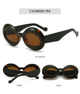 Detailed multi-angle view of oval sunglasses with thick green tortoiseshell frames