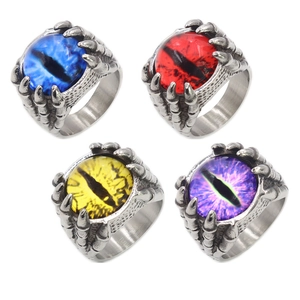 Punk gothic stainless steel dragon claw rings with evil eye in blue red yellow and purple