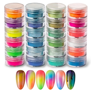Neon color nail art powder set in transparent jars with gradient finish nail tips display