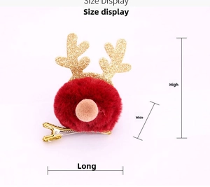 Size display of a Christmas reindeer antler hair clip with red pom and gold glitter horns