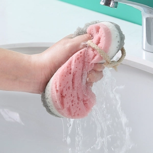Drielaagse dikke exfoliërende badspons met ophangkoord, roze spons met groot absorptievermogen