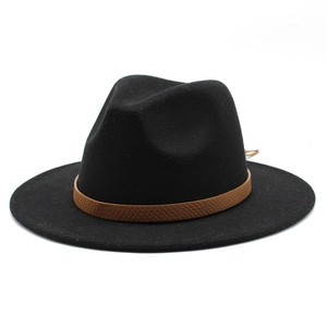 Classic black wide-brim wool fedora hat with brown textured leather belt band decoration