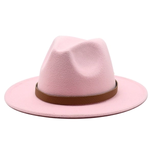 Detail of pink wool fedora hat featuring a brown snakeskin pattern leather belt band