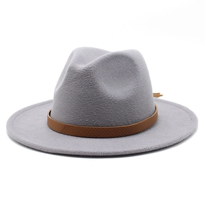 Detail of light gray wool fedora hat with a brown snakeskin pattern leather belt