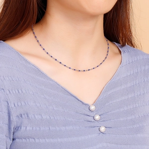 Simple titanium steel thin chain necklace with minimalist blue resin beads for women