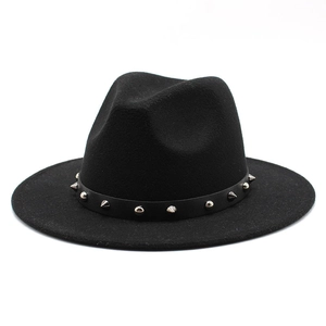Vintage Punk Woolen Felt Fedora Hat For Women Men Rivet Studded Belt Buckle Wide Brim Jazz Hat Autumn Winter Warm Cap