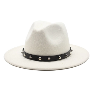White wool fedora hat with black leather strap featuring silver punk metal rivets