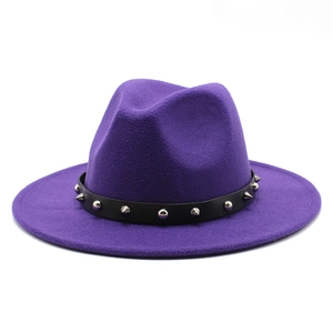 Deep purple wide brim wool fedora hat featuring a black studded leather belt band