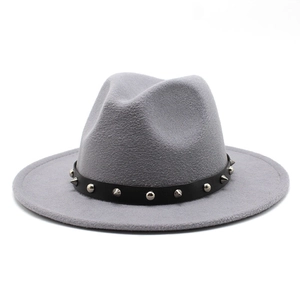 Detail view of the gray wool fedora hat featuring a black belt with silver punk studs