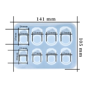 Silicone ring mold for resin casting with 8 cavities showing detailed size measurements