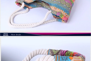 Detail of ethnic canvas tote bag showing bohemian patterns and durable white rope handles