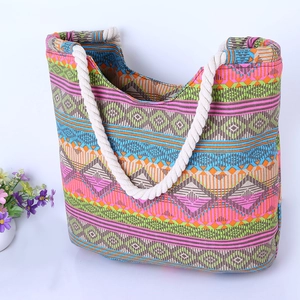 Bohemian geometric pattern canvas tote bag with rustic rope handles for women
