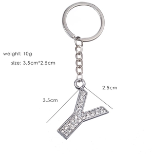 Detail of rhinestone letter Y keychain showing dimensions 3.5cm by 2.5cm and 10g weight