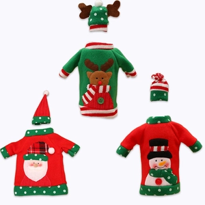 Three-piece Christmas wine bottle sweater set with Santa, Reindeer and Snowman patterns