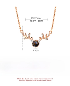 Detailed specs of rose gold elk projection necklace with dimensions and copper material info