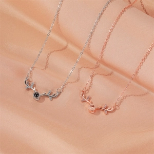 Copper Alloy Reindeer Antler Projection Pendant Necklace Rhinestone I Love You Elegant Jewelry Gift For Women Valentine Christmas