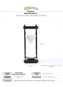 Detail of 30-minute glass hourglass timer with dark brown wood textured base and top