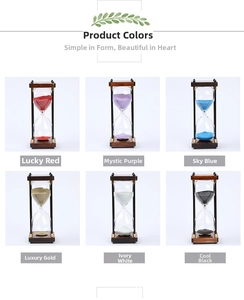 Detail view of six 30-minute vintage hourglasses with multi-colored sand in wood frames