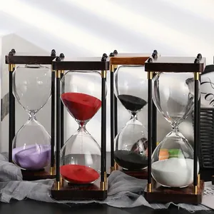 Retro wooden hourglass timer set with colorful sand for vintage desktop decor