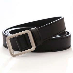 Minimalist black leather belt with a silver square metal buckle on white background