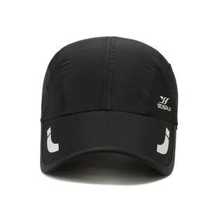 Quick-dry black breathable sports cap with reflective strips for outdoor running and hiking