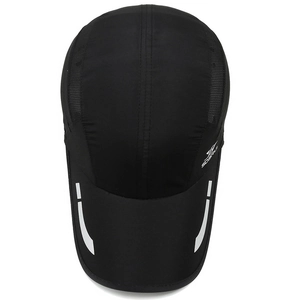 Breathable black quick-dry sport cap with side mesh vents and reflective strips