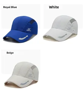 Quick-dry sports caps in blue, white, and beige with reflective brim and mesh vents