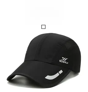 Detail view of mesh vents and reflective stripe on black quick-dry baseball cap