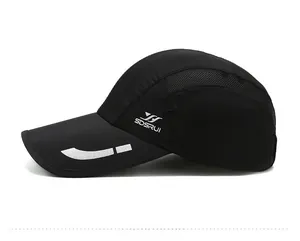 Detail of breathable mesh fabric and reflective stripe on black quick-dry sports cap